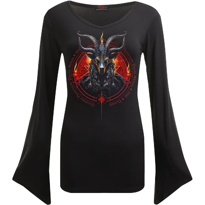Lace - Trimmed Women Long Sleeve Top for an Elegant LookBAPHOMET - V Neck Goth Sleeve Top Black Lace - Trimmed Women Long Sleeve Top for an Elegant LookBAPHOMET - V Neck Goth Sleeve Top Black