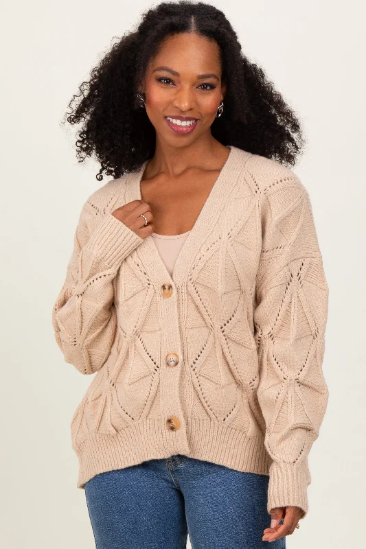 Cable - Knit Women Long Sleeve Top with a Cozy TextureBeige Diamond Knit Button Up Sweater Cardigan Cable - Knit Women Long Sleeve Top with a Cozy TextureBeige Diamond Knit Button Up Sweater Cardigan