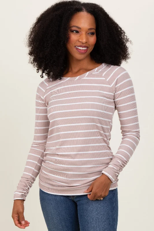 Printed Graphic Women Long Sleeve Top with a Bold StatementBeige Striped Ruched Side Long Sleeve Top Printed Graphic Women Long Sleeve Top with a Bold StatementBeige Striped Ruched Side Long Sleeve Top