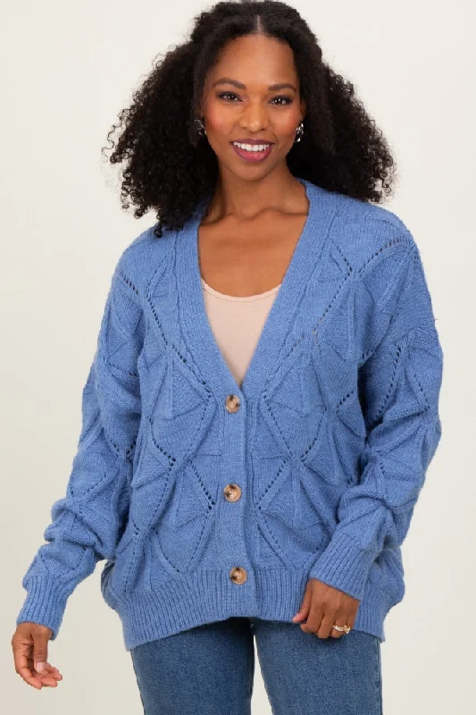 Pocket - Equipped Women Long Sleeve Top for Added FunctionalityBlue Diamond Knit Button Up Sweater Cardigan Pocket - Equipped Women Long Sleeve Top for Added FunctionalityBlue Diamond Knit Button Up Sweater Cardigan
