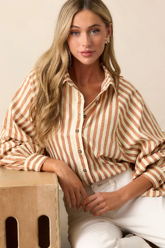 Printed Graphic Women Long Sleeve Top with a Bold StatementBridge Over Water Tan Stripe Button Front Top Printed Graphic Women Long Sleeve Top with a Bold StatementBridge Over Water Tan Stripe Button Front Top