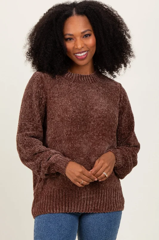 Plaid Women Long Sleeve Top for a Preppy VibeBrown Chenille Knit Sweater