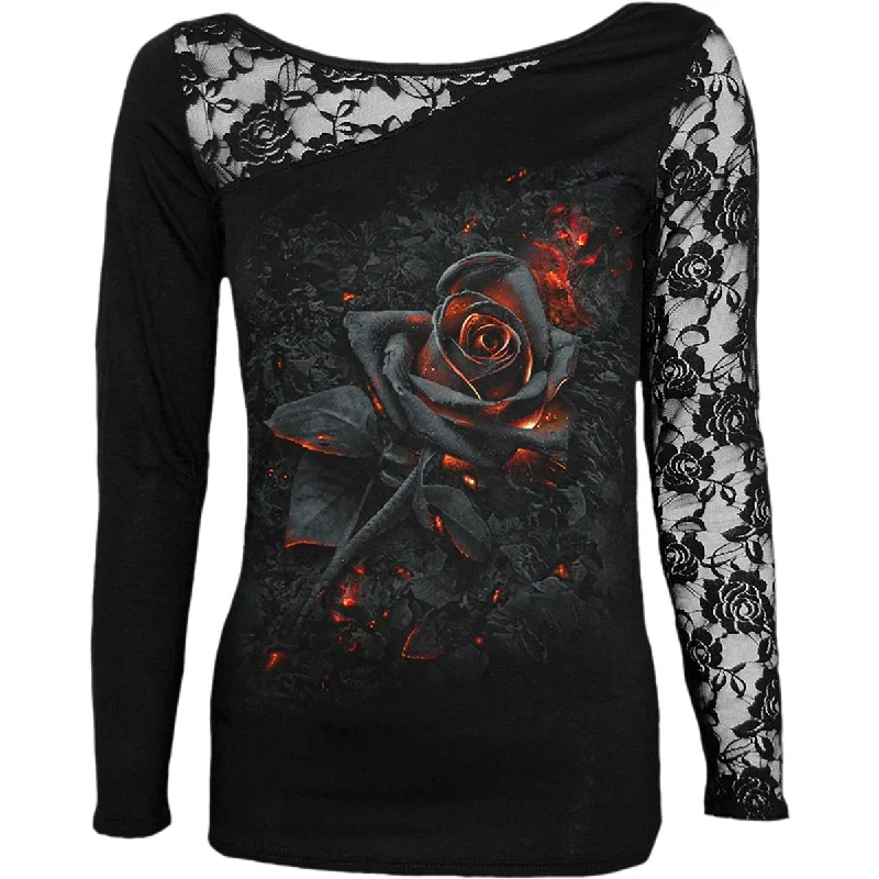 Striped Women Long Sleeve Top in a Timeless PatternBURNT ROSE - Lace One Shoulder Top Black Striped Women Long Sleeve Top in a Timeless PatternBURNT ROSE - Lace One Shoulder Top Black