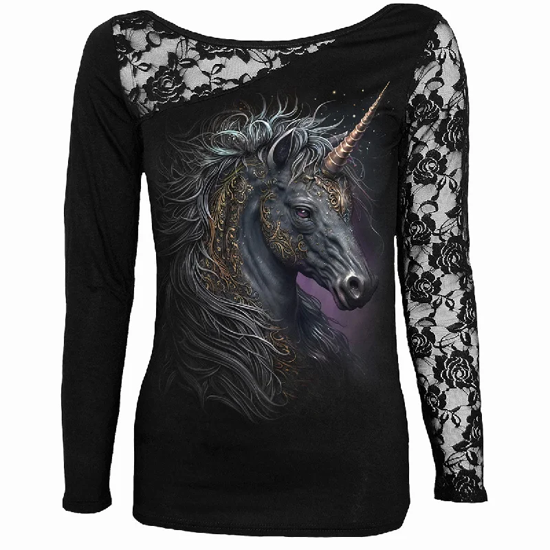 Lace - Trimmed Women Long Sleeve Top for an Elegant LookCELTIC UNICORN - Lace One Shoulder Top Black Lace - Trimmed Women Long Sleeve Top for an Elegant LookCELTIC UNICORN - Lace One Shoulder Top Black