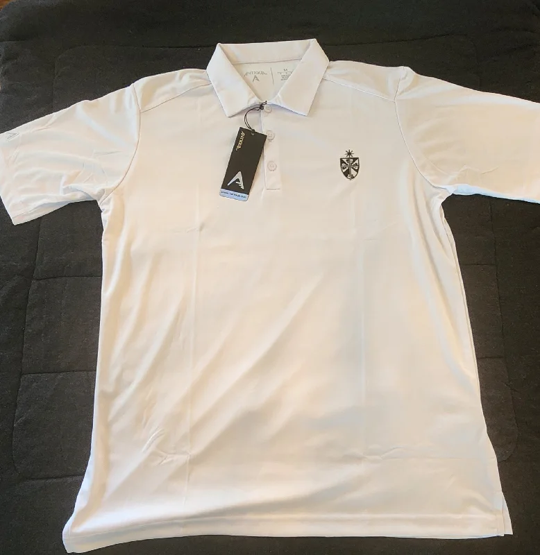 Long - sleeve polo shirt in lightweight polyester for layeringWhite Embroidered Shield Antigua Brand Golf Shirt Long - sleeve polo shirt in lightweight polyester for layeringWhite Embroidered Shield Antigua Brand Golf Shirt