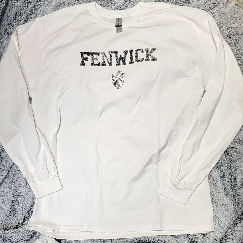 Puffed - sleeve polo shirt for a fashionable silhouetteWhite Long Sleeve Distressed Fenwick logo T Shirt Puffed - sleeve polo shirt for a fashionable silhouetteWhite Long Sleeve Distressed Fenwick logo T Shirt