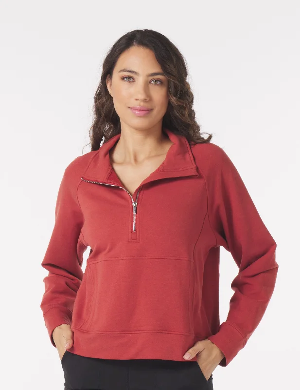 Mock Neck Women Long Sleeve Top for a Modern AestheticDaily Scuba 1/4 Zip: Brick Red Mock Neck Women Long Sleeve Top for a Modern AestheticDaily Scuba 1/4 Zip: Brick Red