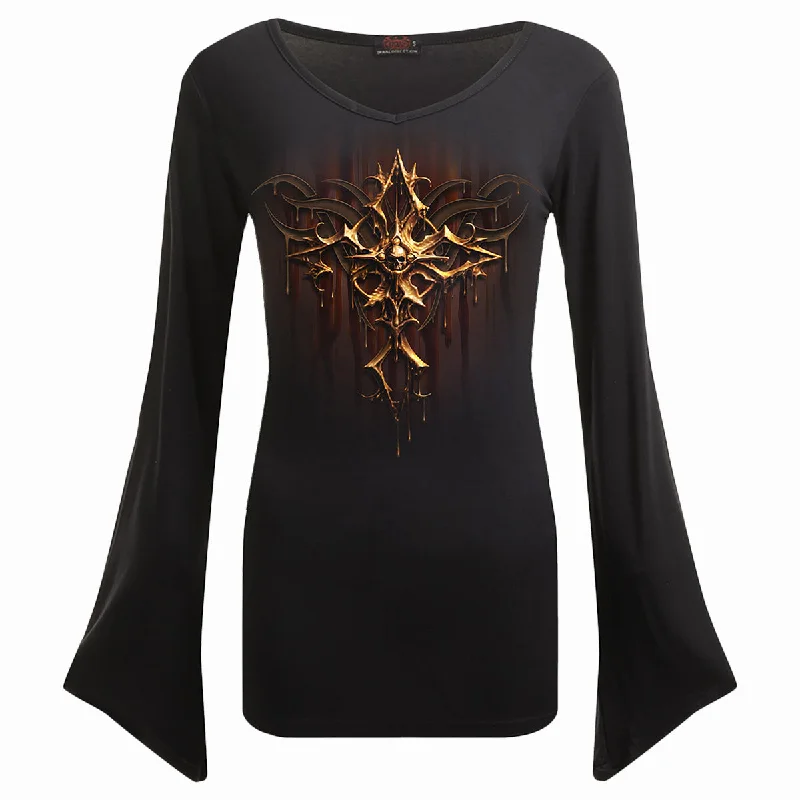 Cropped Women Long Sleeve Top to Pair with High - Waisted BottomsDRIPPING GOLD - V Neck Goth Sleeve Top Black Cropped Women Long Sleeve Top to Pair with High - Waisted BottomsDRIPPING GOLD - V Neck Goth Sleeve Top Black