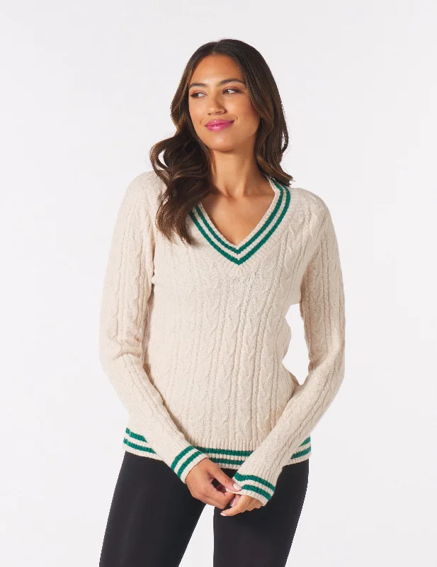 Lightweight Women Long Sleeve Top for Spring and AutumnHanalei Cable Knit Sweater: Oatmilk/Emerald Lightweight Women Long Sleeve Top for Spring and AutumnHanalei Cable Knit Sweater: Oatmilk/Emerald