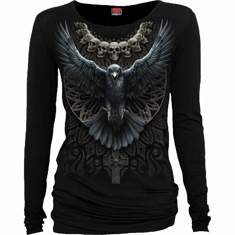 Wrap - Style Women Long Sleeve Top for a Versatile FitRAVEN SKULL - Baggy Top Black