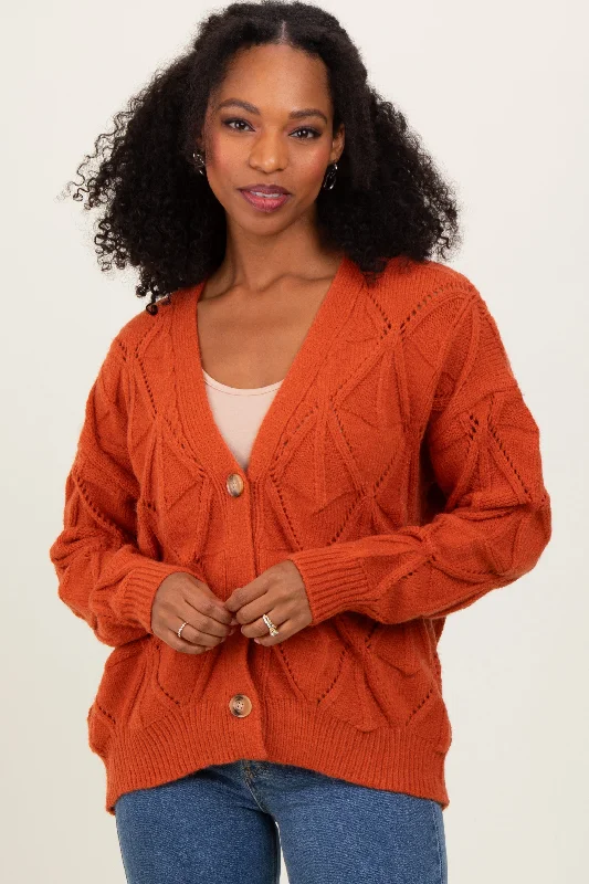 Printed Graphic Women Long Sleeve Top with a Bold StatementRust Diamond Knit Button Up Sweater Cardigan Printed Graphic Women Long Sleeve Top with a Bold StatementRust Diamond Knit Button Up Sweater Cardigan
