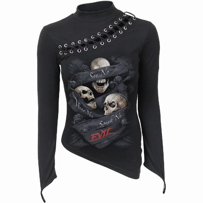 Button - Down Women Long Sleeve Top for a Classic StyleSEE NO EVIL - Slant Lace Up Longsleeve Top Button - Down Women Long Sleeve Top for a Classic StyleSEE NO EVIL - Slant Lace Up Longsleeve Top