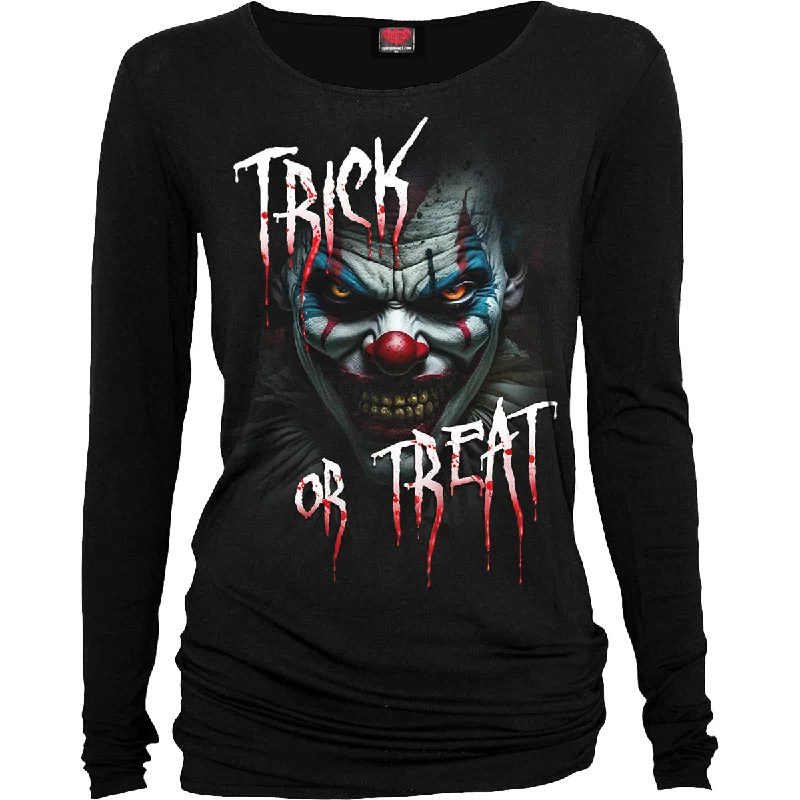 Pocket - Equipped Women Long Sleeve Top for Added FunctionalityTRICK OR TREAT - Baggy Top Black Pocket - Equipped Women Long Sleeve Top for Added FunctionalityTRICK OR TREAT - Baggy Top Black