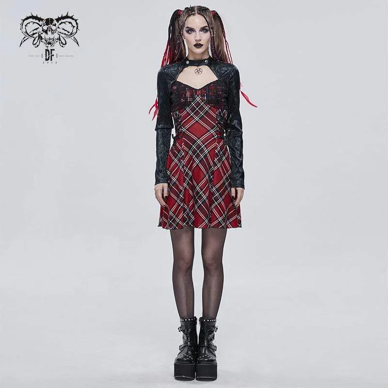 Ruffled Cuff Women Long Sleeve Top with a Feminine TouchWomen's Gothic Strappy Cutout Splice Plaid Dress