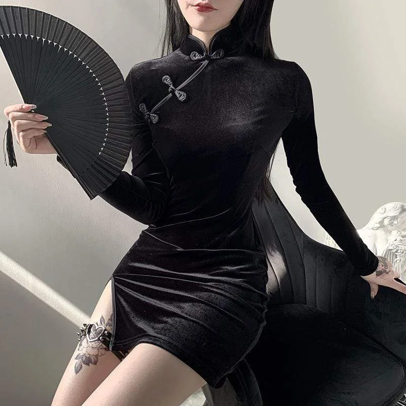 Metallic Accent Women Long Sleeve Top for a Glamorous LookWomen's Grunge Cheongsam Collar Side Slit Dress Metallic Accent Women Long Sleeve Top for a Glamorous LookWomen's Grunge Cheongsam Collar Side Slit Dress