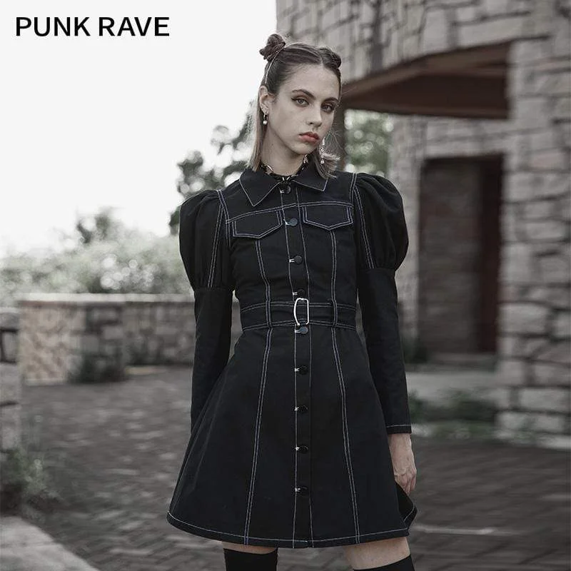 Cropped Women Long Sleeve Top to Pair with High - Waisted BottomsWomen's Punk Turn-down Collar Puff Sleeved Dress Cropped Women Long Sleeve Top to Pair with High - Waisted BottomsWomen's Punk Turn-down Collar Puff Sleeved Dress