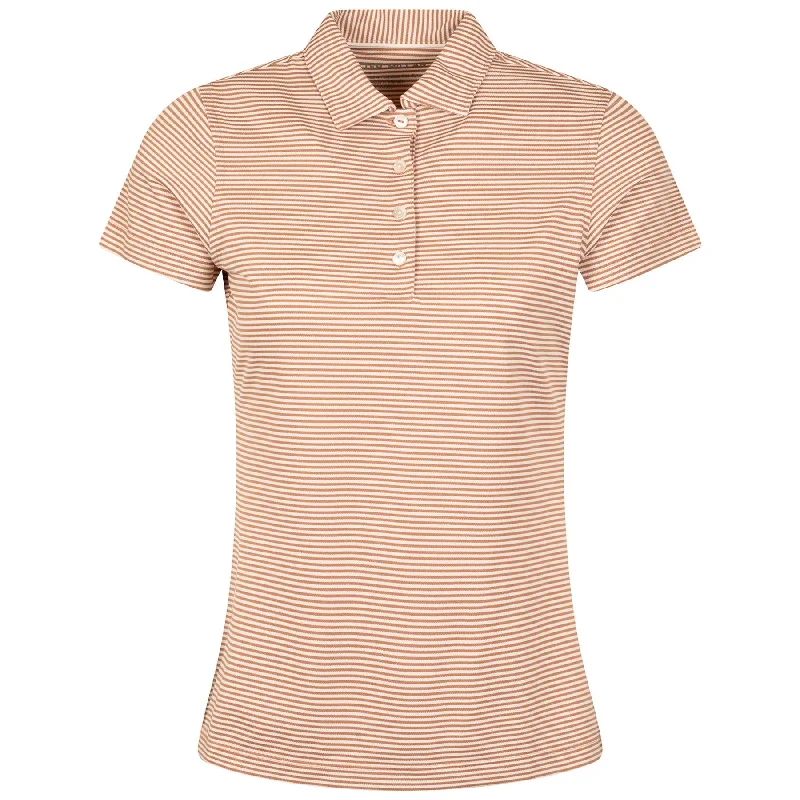 Petite - sized polo shirt with shorter lengthWomens Vista Stripe Sport Mesh Button Polo Camel/Ivory - AW24 Petite - sized polo shirt with shorter lengthWomens Vista Stripe Sport Mesh Button Polo Camel/Ivory - AW24